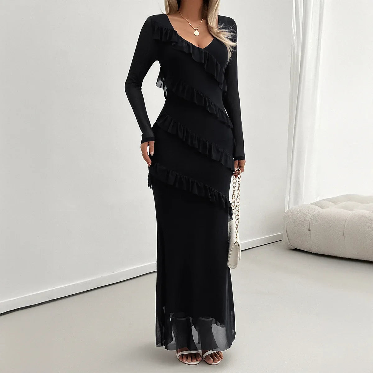 Cralom Women's V-Neck Mesh Dress: Solid Color, Slim Fit, Long-Sleeved. Suitable for Autumn & Winter.