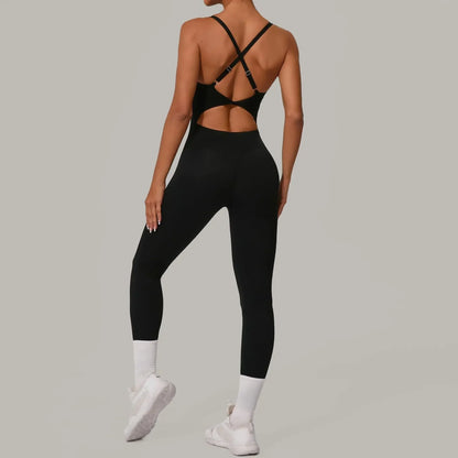 Cralom Seamless Yoga Jumpsuit with Cross Waist Buckle