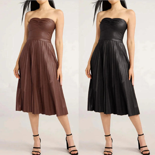 Cralom Shoulder Less Chest Hug Dress, Pleated Elastic Waist Cinched Sexy Summer Dress