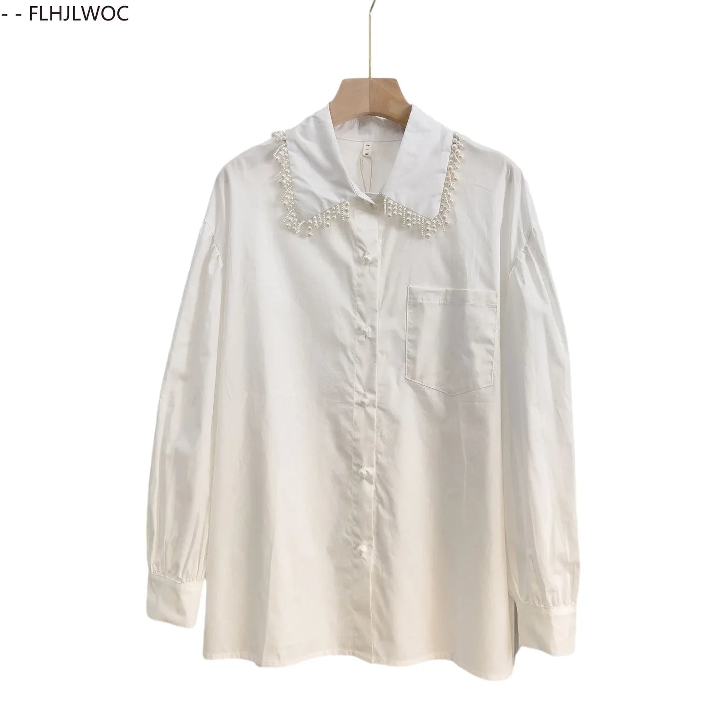 Cralom Ruffled White Blouse with Pockets & Beaded Detail