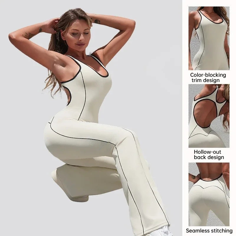 Cralom Color-Block Yoga Bodysuit with Booty-Lifting Flare Pants