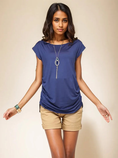 Cralom Retro Blue Short Sleeve Women's T-shirt Slim Summer Top