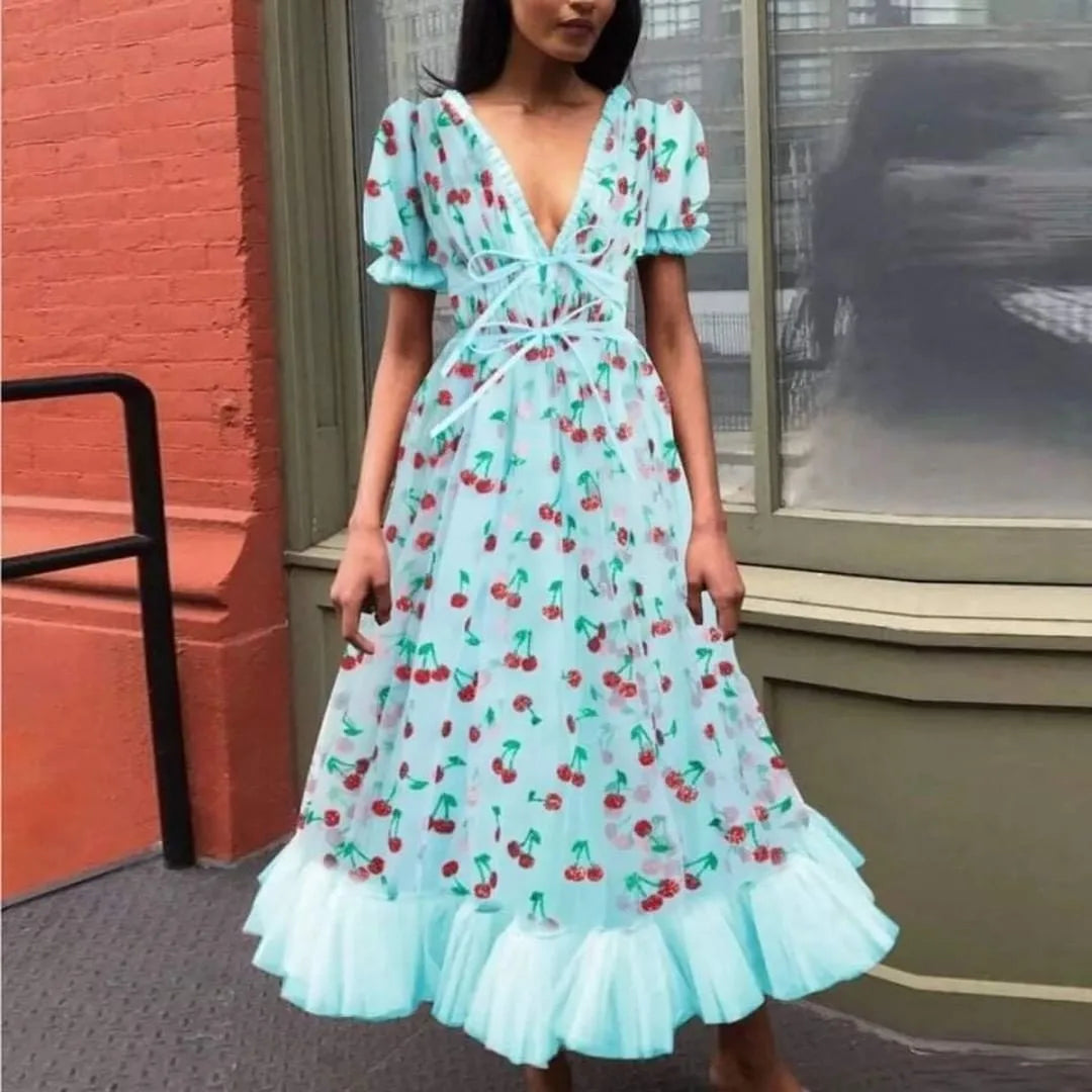 Cralom Strawberry Ruffles Tulle Dress Pink Puff Sleeve Cocktail Party Dress