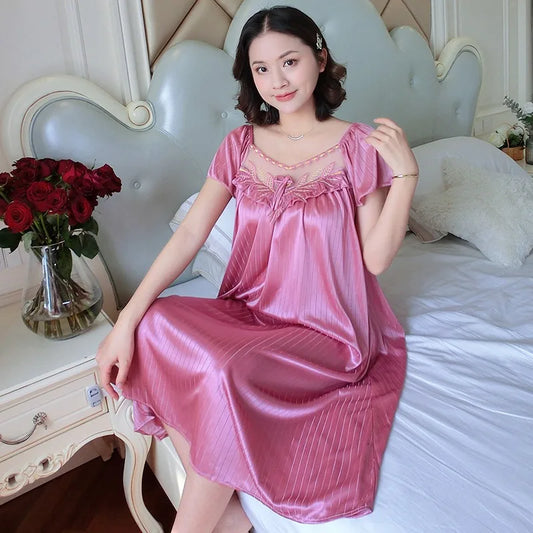 Cralom Women's Silk Nightgown: Medium Length Short Sleeve Nightdress Sleepwear Pyjama Loungewear