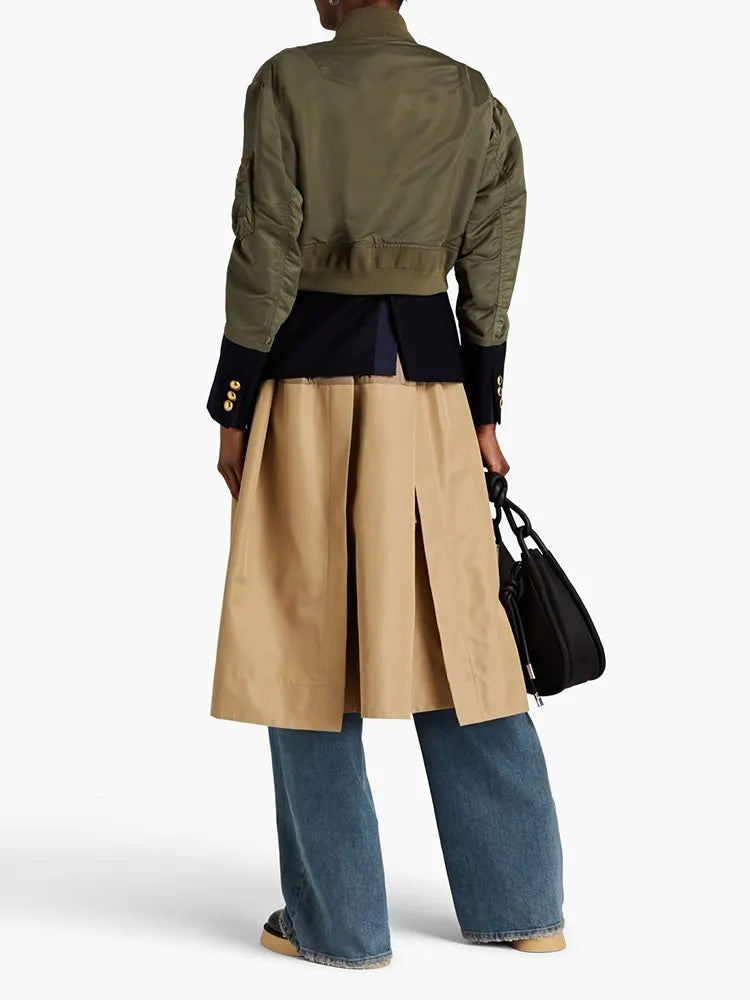 Cralom Colorblock Patchwork Button Coat | Streetwear Stand Collar Zipper Jacket
