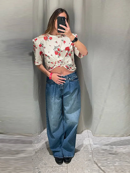 Cralom 3D Rose Print Women's Crop Top - Vintage Floral Retro Design
