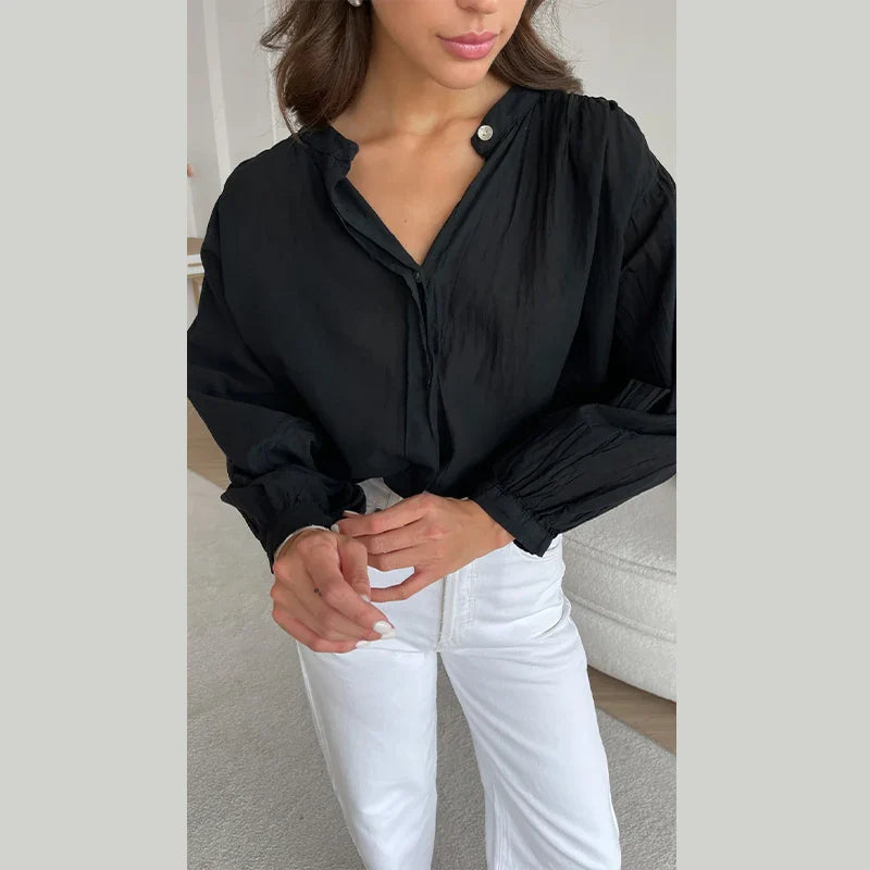 Cralom Solid Chiffon Shirt O Neck Long Sleeve Elegant Blouse