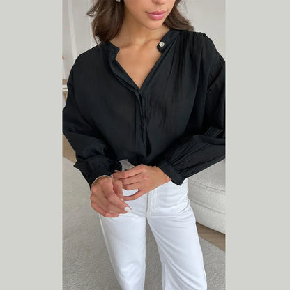Cralom Solid Chiffon Shirt O Neck Long Sleeve Elegant Blouse