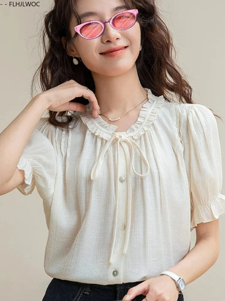 Cralom Stripe Floral Bow Tie Button Blouse Retro Vintage Preppy Style Tops