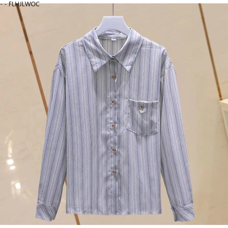 Cralom Striped Button Shirt Women Long Sleeve Office Blouse Casual Retro Design