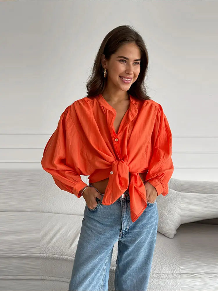 Cralom Solid Chiffon Shirt O Neck Long Sleeve Elegant Blouse