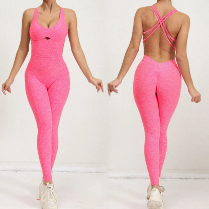 Cralom Seamless Yoga Jumpsuit for Women - Peach Hip Raise Beauty Back Dance Suit