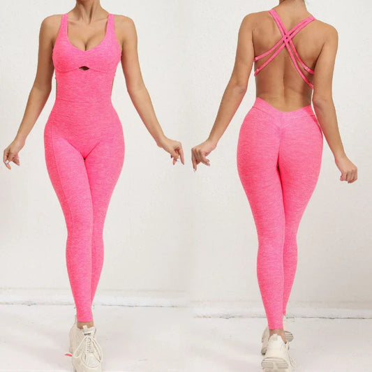 Cralom Seamless Yoga Jumpsuit for Women - Peach Hip Raise Beauty Back Dance Suit