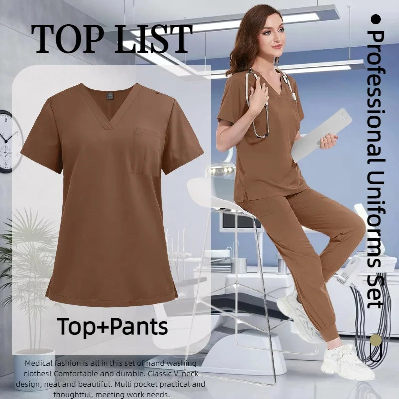 Cralom Multicolour Nurse Scrubs Set V-neck Top Pocket Pants
