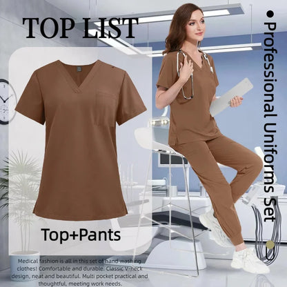 Cralom Multicolour Nurse Scrubs Set V-neck Top Pocket Pants