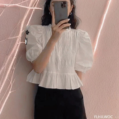 Cralom Cotton Peplum Button White Blouse Summer Chic Women's Top