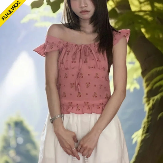 Cralom Flower Print Peplum Baby Shirt, Women's Cute Flare Sleeve Crop Top