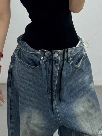 Cralom Distressed Washed Wide Leg Jeans - Y2K Streetwear High Waist