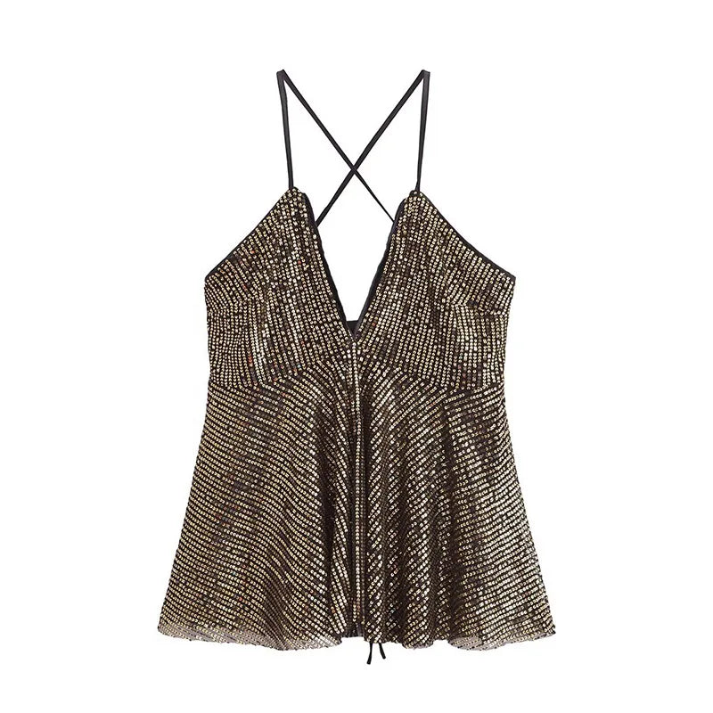 Cralom Sequins Patchwork Mesh Camisole: Sexy V-Neck Backless Top