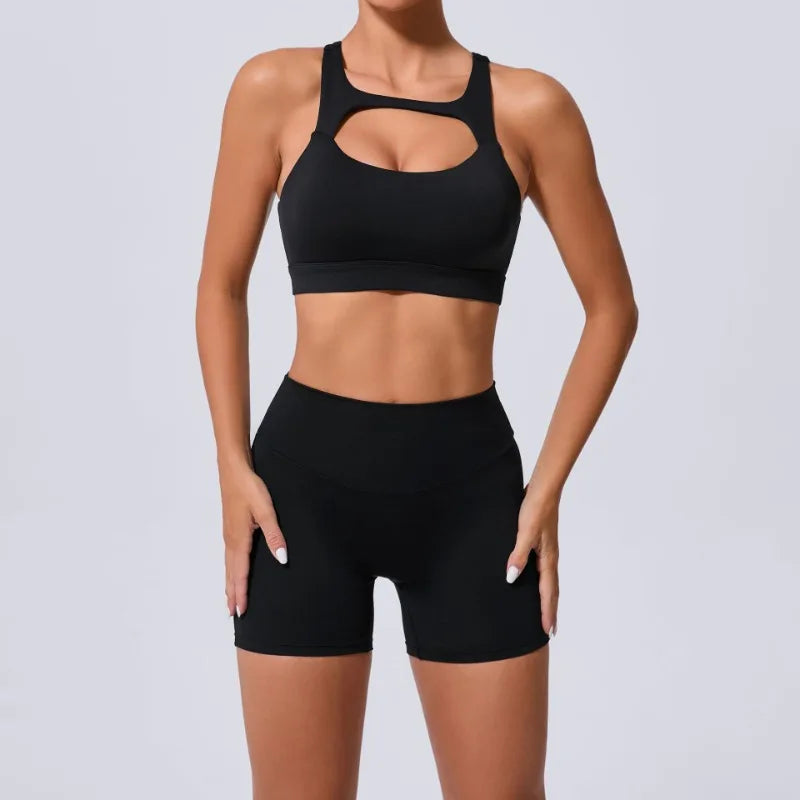 Cralom Yoga Sets: Peach Hip-lifting Shorts & Cross Back Vest for Women