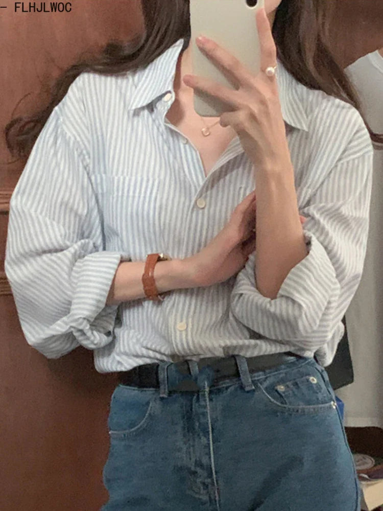 Cralom Striped Boyfriend Shirts: Sweet Girls' Retro Tops for a Cute Preppy Look