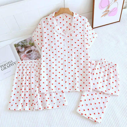 Cralom Cotton Flower Print Pajama Set: Top, Shorts, and Pants for Comfortable Summer