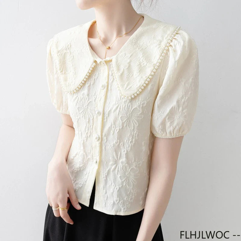 Cralom Button Shirts: 2025 Summer Women's Beaded Peter Pan Collar Top