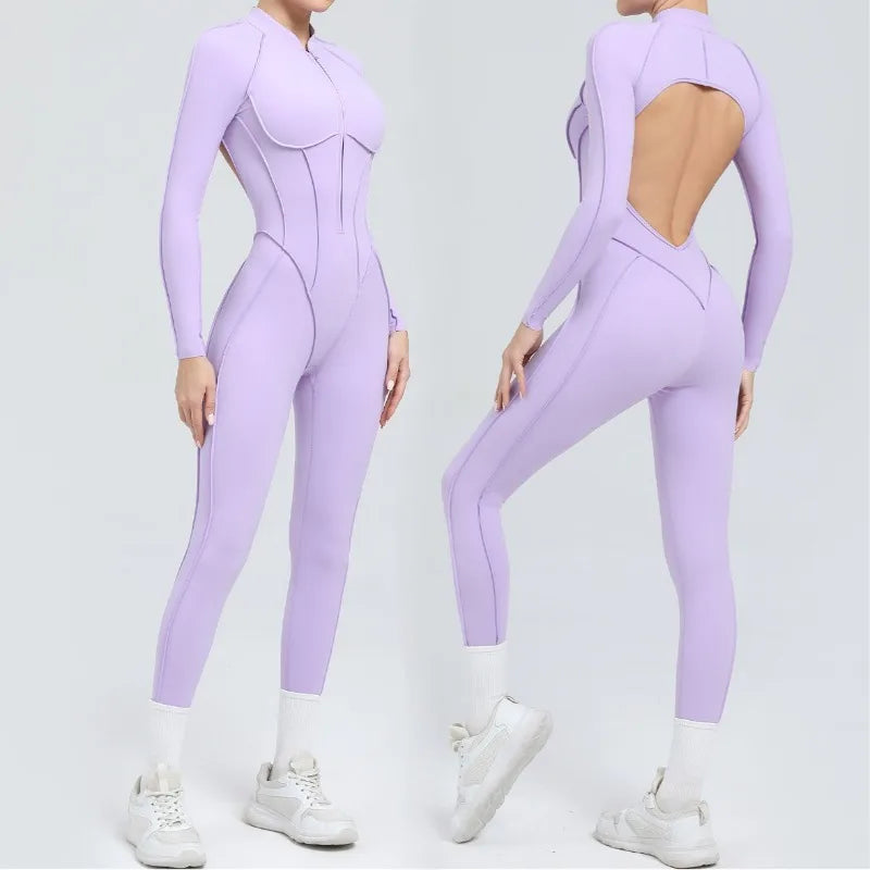 Cralom Backless Yoga Jumpsuit | Long Sleeve Tight-Fit Activewear
