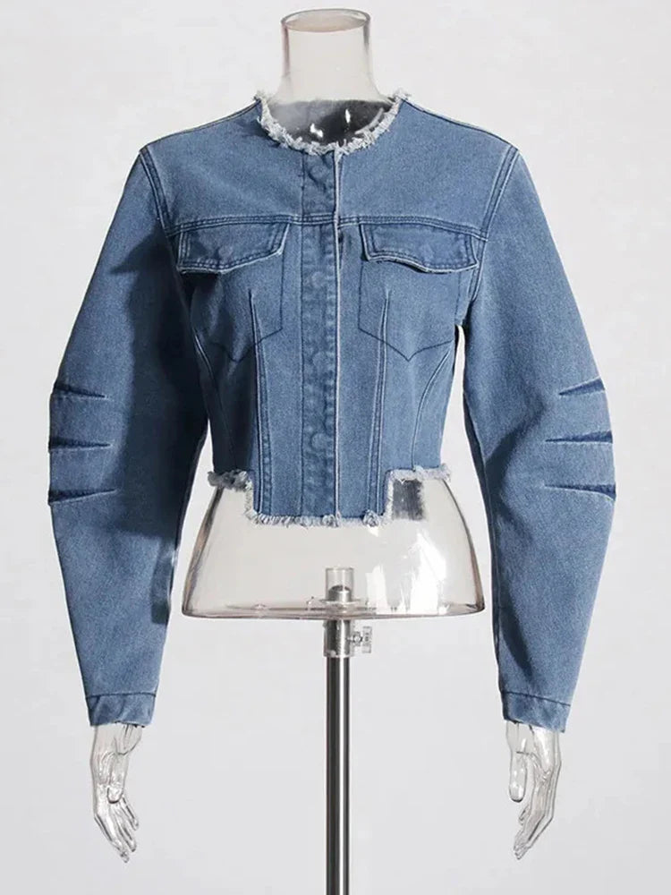 Cralom Rawhem Denim Coat - Round Neck Long Sleeve Slimming Jacket for Women