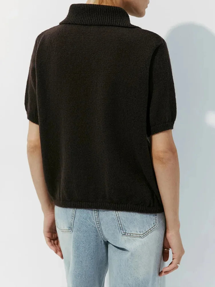 Cralom Summer Knit Polo Bubble Sleeve Sweater for Women