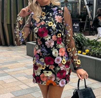 Cralom Spring 2024 3D Flower Lace Embroidery Mesh Mini Dress