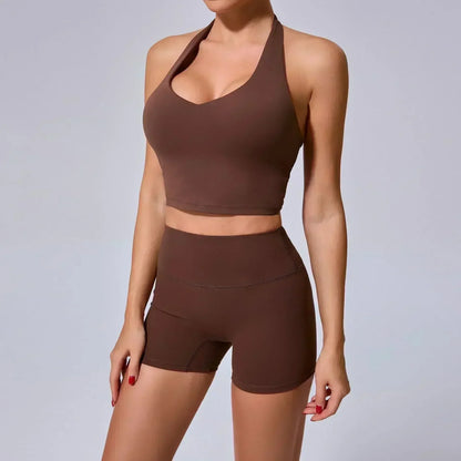 Cralom High Waist Yoga Shorts & Backless Bra Set for Women, Gym Workout Fitness Outfit