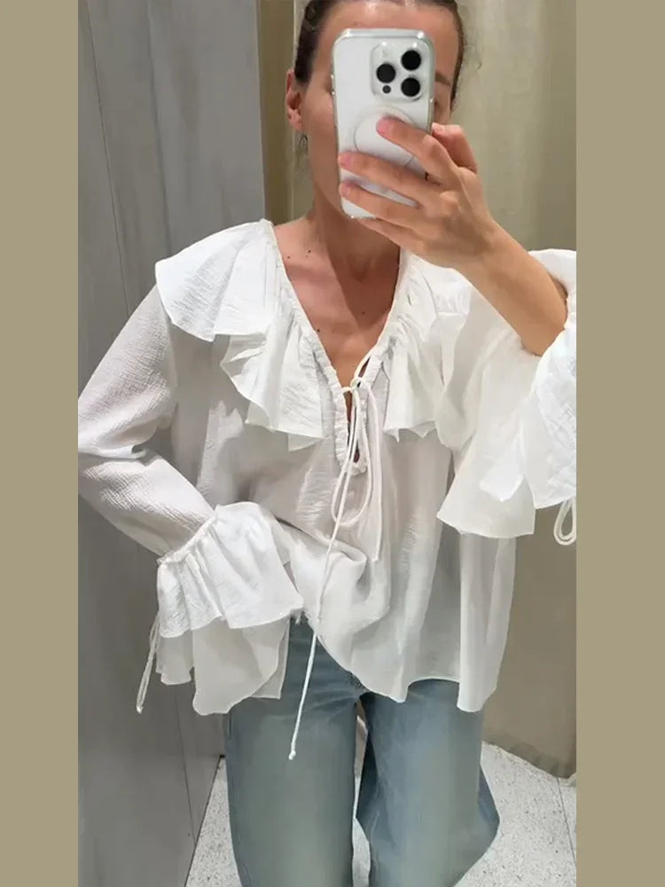 Cralom Women's White Ruffled V-Neck Chiffon Blouse Loose Fit Lace-up Casual Shirt