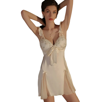 Cralom Lace Trim Satin Nightgown Set women Silk Pajamas Slip Dress Nightwear