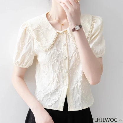 Cralom Button Shirts: 2025 Summer Women's Beaded Peter Pan Collar Top