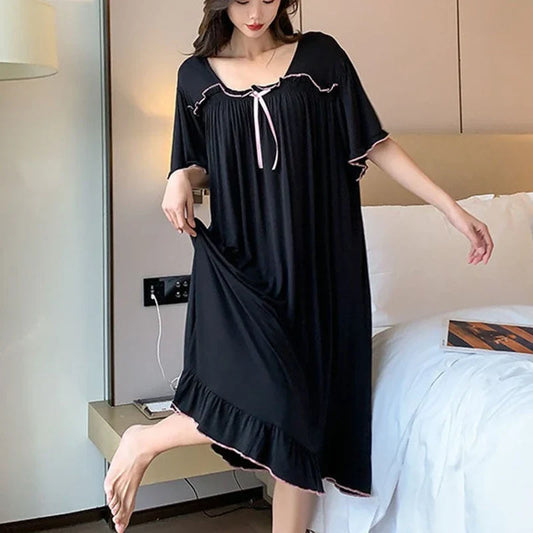 Cralom Short-Sleeve Nightgown: Plus Size, Breathable Fabric, Crew Neck, Bow Decor, Summer Sleepwear