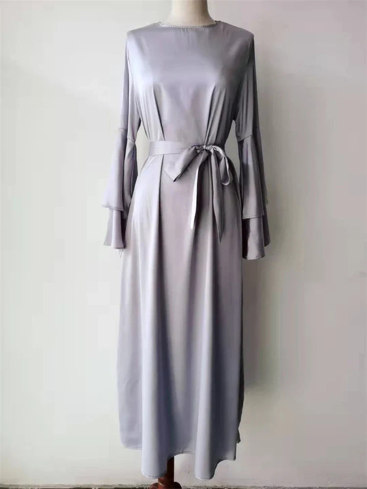 Cralom Luxury Satin Muslim Kaftan Abaya Dubai Caftan Robe Femme