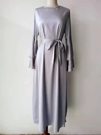 Cralom Luxury Satin Muslim Kaftan Abaya Dubai Caftan Robe Femme