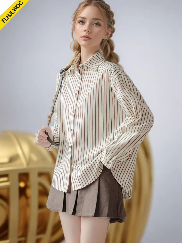Cralom Cotton Stripe Shirt 2024: Autumn Chic Office Lady Retro Button Boyfriend Shirt