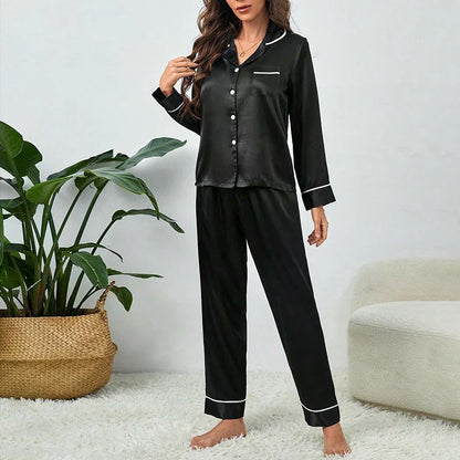Cralom Satin 2 Piece Lounge Set: Button Top & Pants, Sexy Nighty Pajama