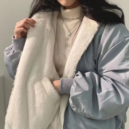 Cralom Women's Cashmere Padded Hooded Jacket Double-Sided Lamb Wool Coat