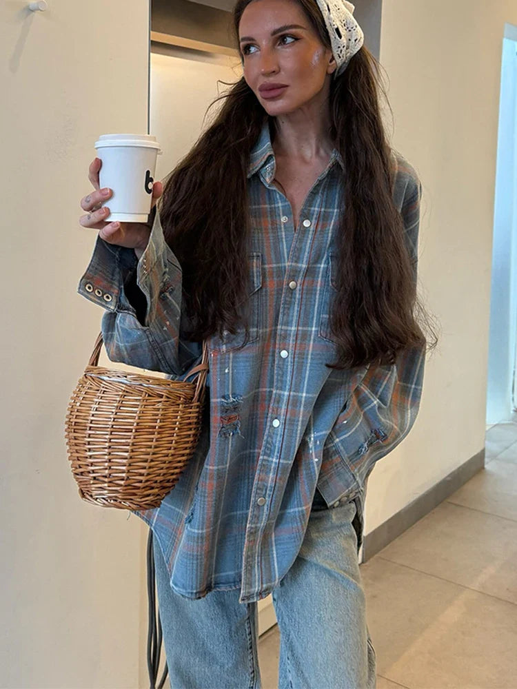 Cralom Vintage Oversized Denim Plaid Shirt with Lapel Pocket