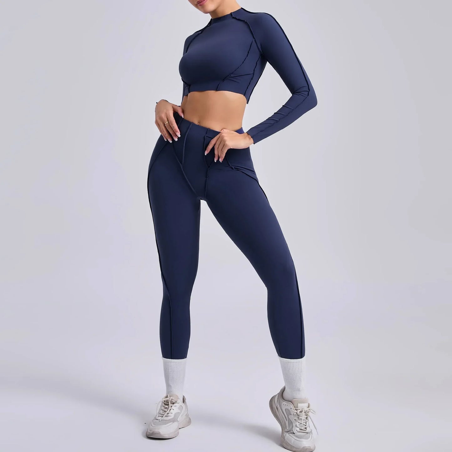 Cralom Seamless Yoga Set High Waisted Tummy Control Pleated Hip Lifting Workout Suit