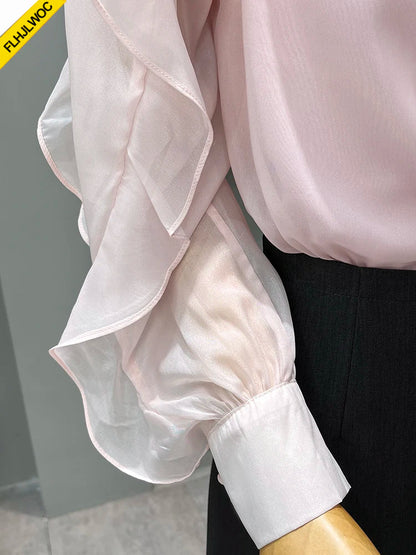 Cralom Pink Bow Tie Long Sleeve Blouse - Elegant Office Lady Korean Style Tops