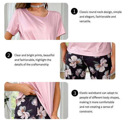 Cralom Women's Short Sleeve Pajama Set with Round Neck - Two Piece Sleepwear Set