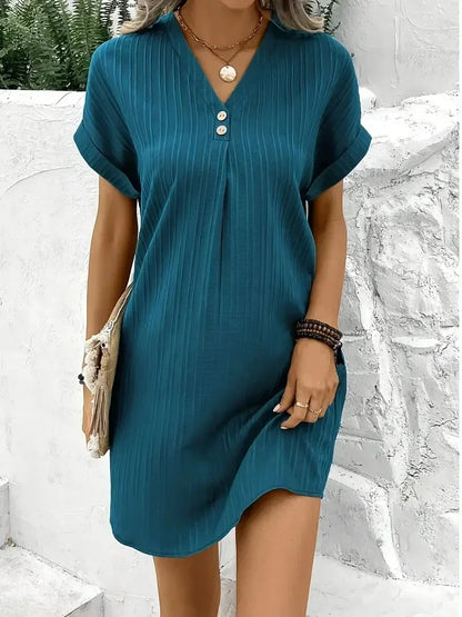 Cralom V-neck Button Top Short Sleeve Dress Solid Color Comfort 2024 Summer