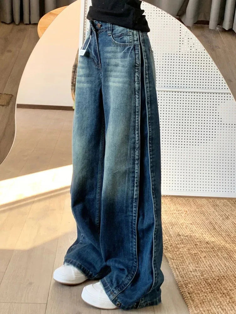 Cralom Vintage Blue Washed High Waist Straight Jeans Women's Streetwear