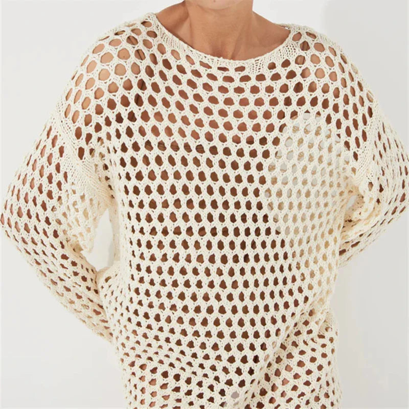 Cralom Knit Hollow Out Mini Dress Women's Beach Holiday Pullover