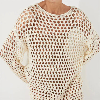 Cralom Knit Hollow Out Mini Dress Women's Beach Holiday Pullover