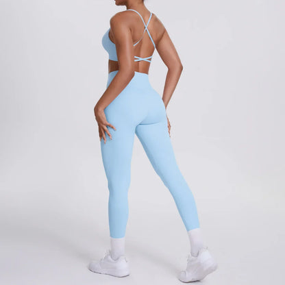 Cralom Seamless Yoga Set: Cross Back Sports Bra & High Waist Booty Lifting Leggings